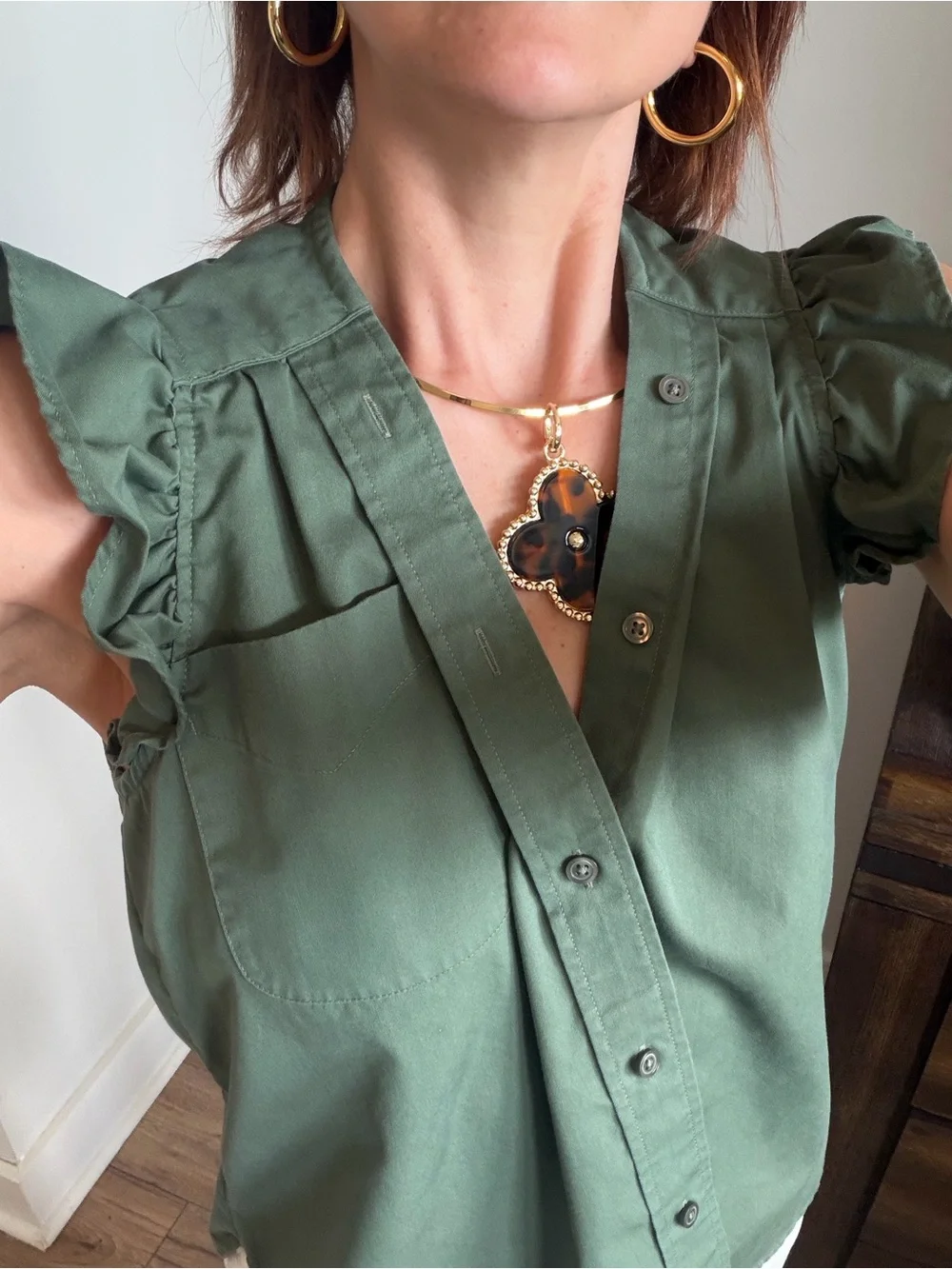 KMJ Ruffled Sleeve  Button-Front Top -  Green - Picture 5 of 14